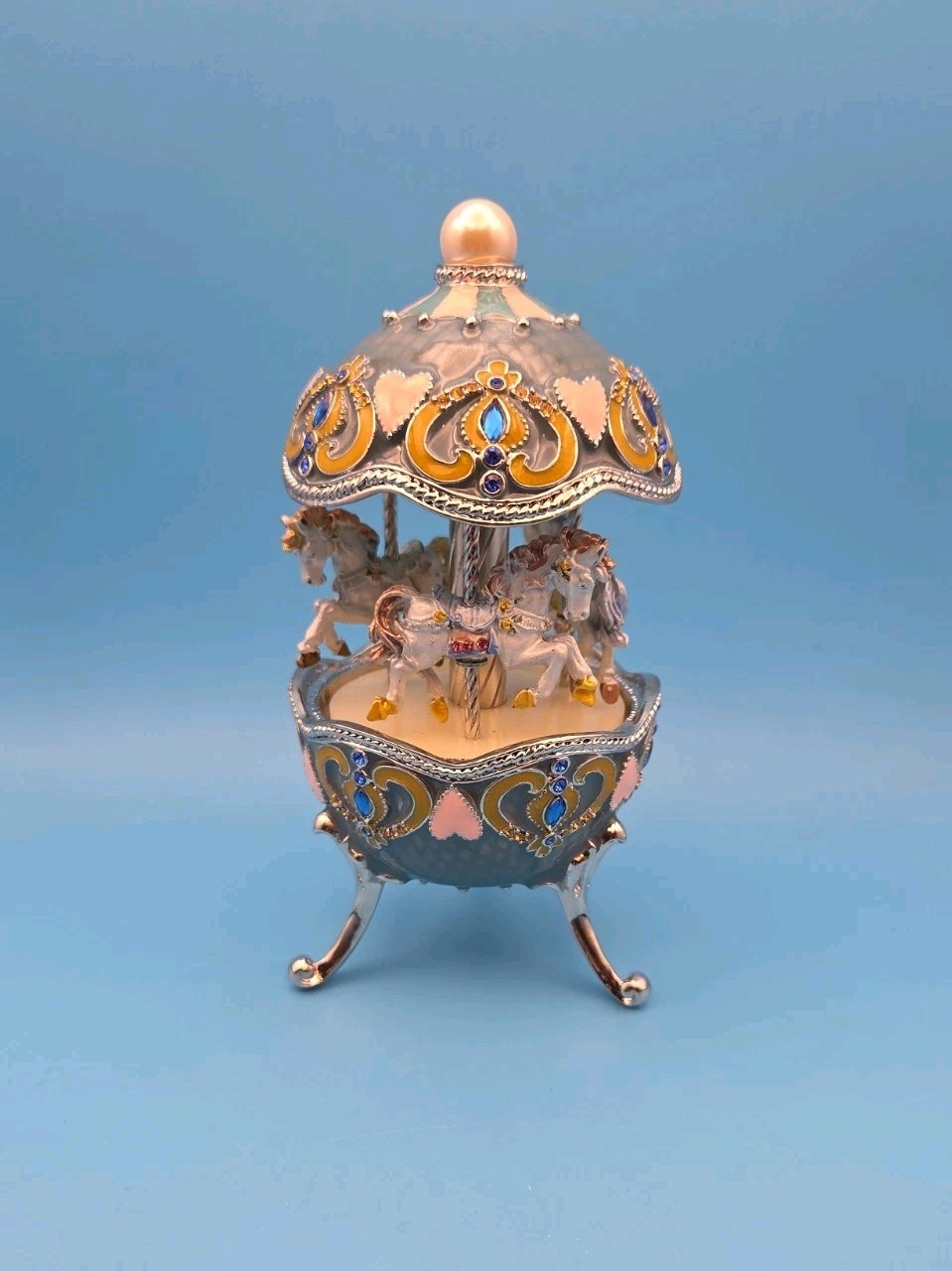 Keren Kopal Light Blue Faberge Egg with Horse Carousel E1131 Crystals 2015