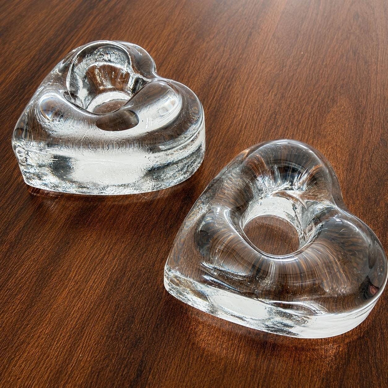 VNG Orrefors Crystal Heart Taper Candle Holders (2) Scandinavian Candlesticks