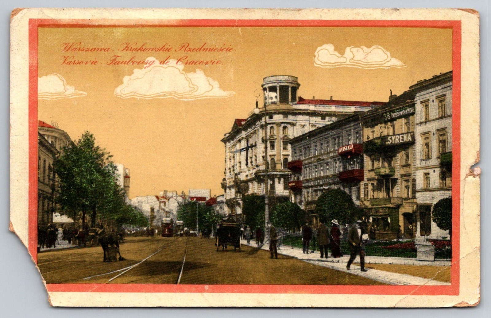 Krakowskie Przedmieście Warsaw Poland Postcard street scene Syrena Hotel trams