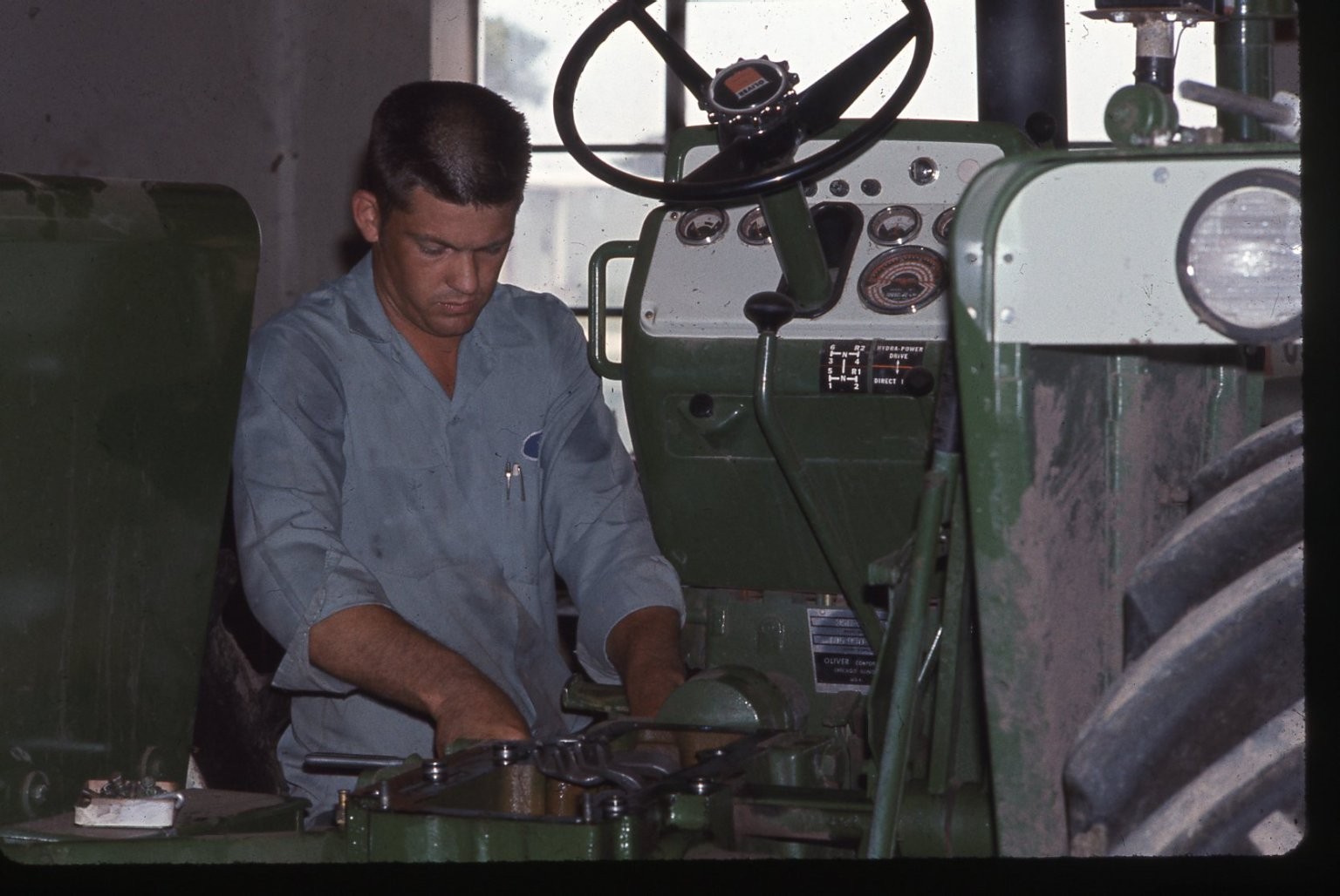 sl44 Slide 1970's  Farmer Mechanic Working Oliver Tractor Farm 135a
