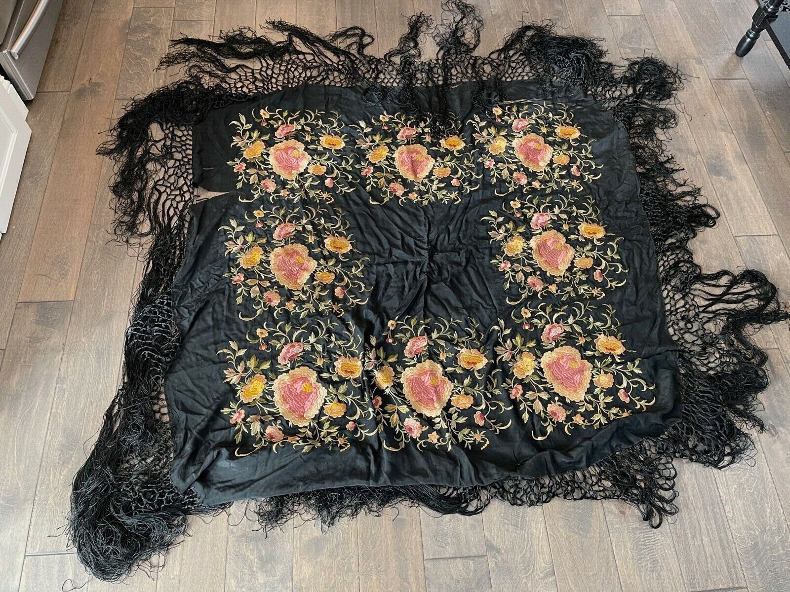 Vintage Large Possibly Asian Black Silk Embroidered Textile w Flowers Decoration