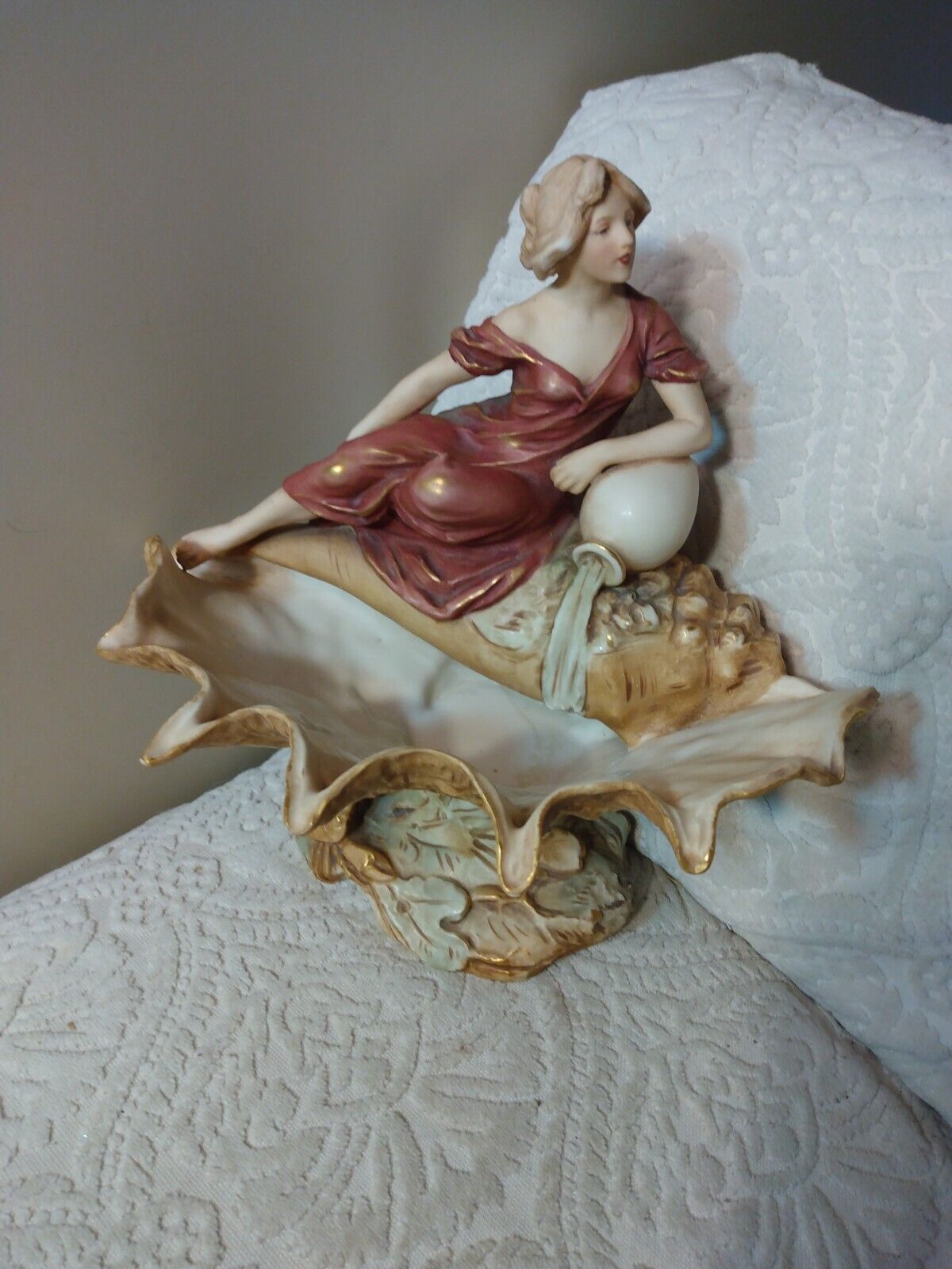 Art Nouveau Royal Dux Porcelain Centerpiece Maiden at Fountain Shell Centerpiece