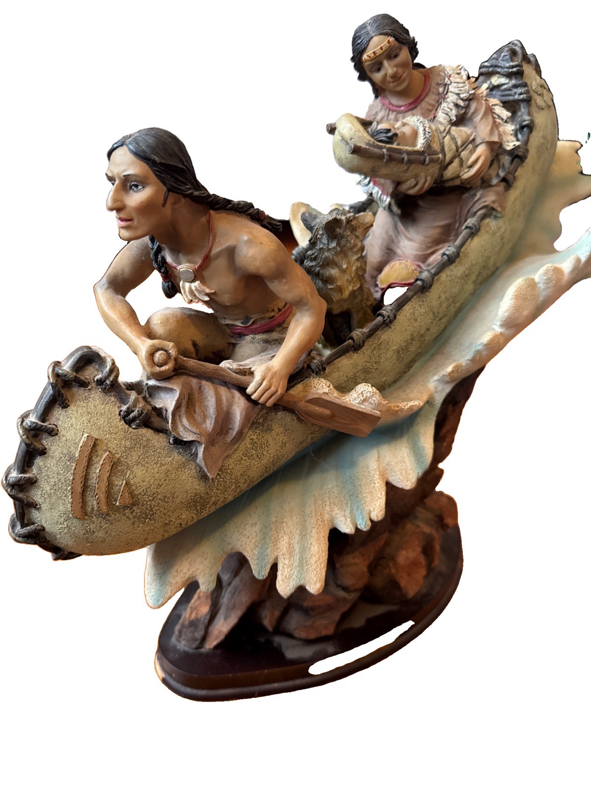 Danbury Mint Native American Canoe Figurine Sculpture Family w/ Dog “DML  Collec