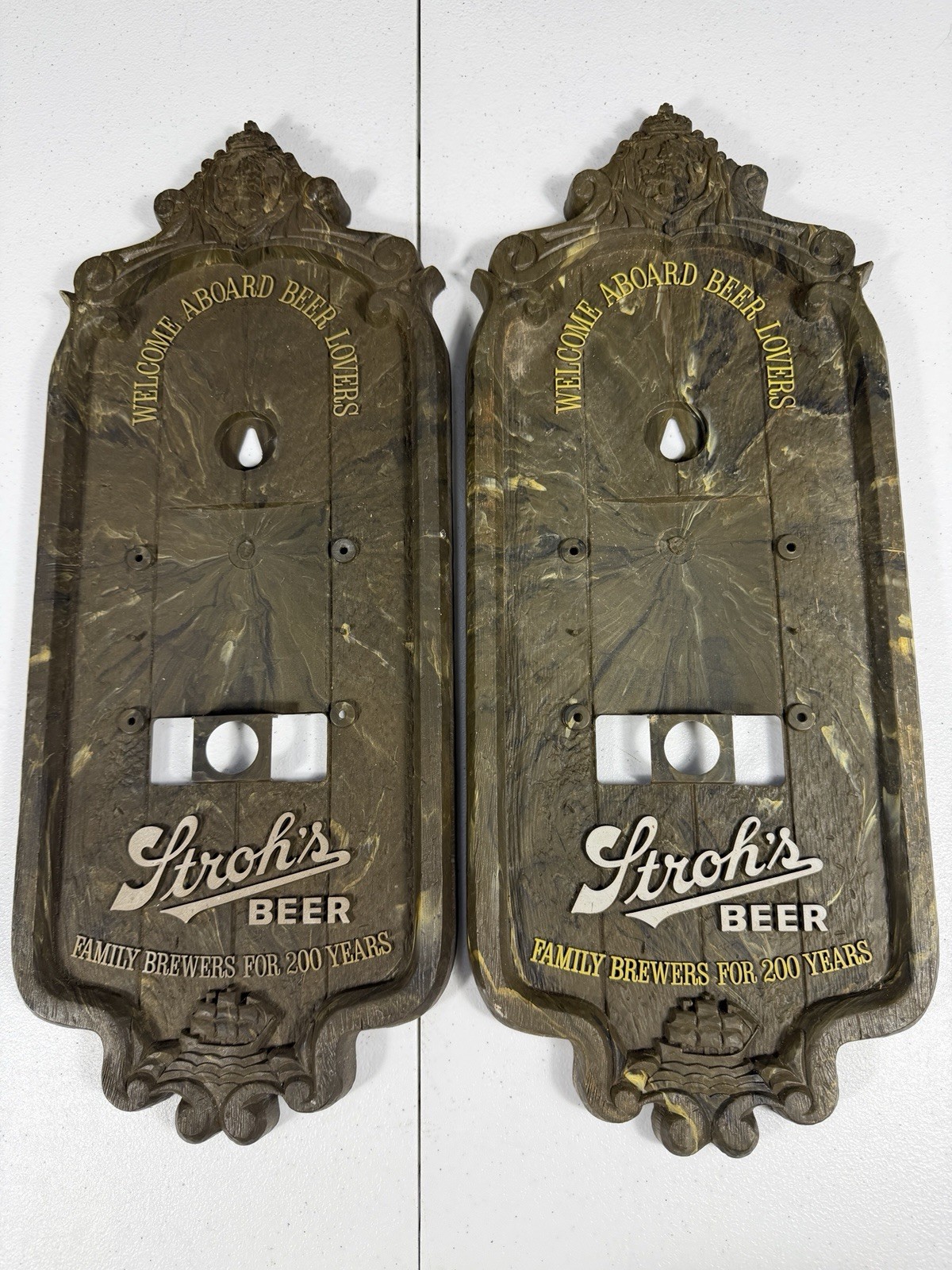 Pair Vintage Stroh’s “Welcome Aboard Beer Lovers” Plastic Signs