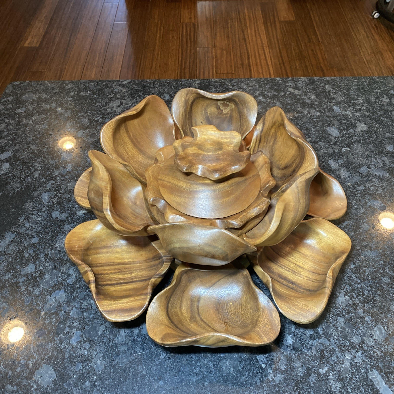 Monkey Pod Wood Lotus Flower Serving Set Pedestal Bowl Lid MCM Carved Vintage