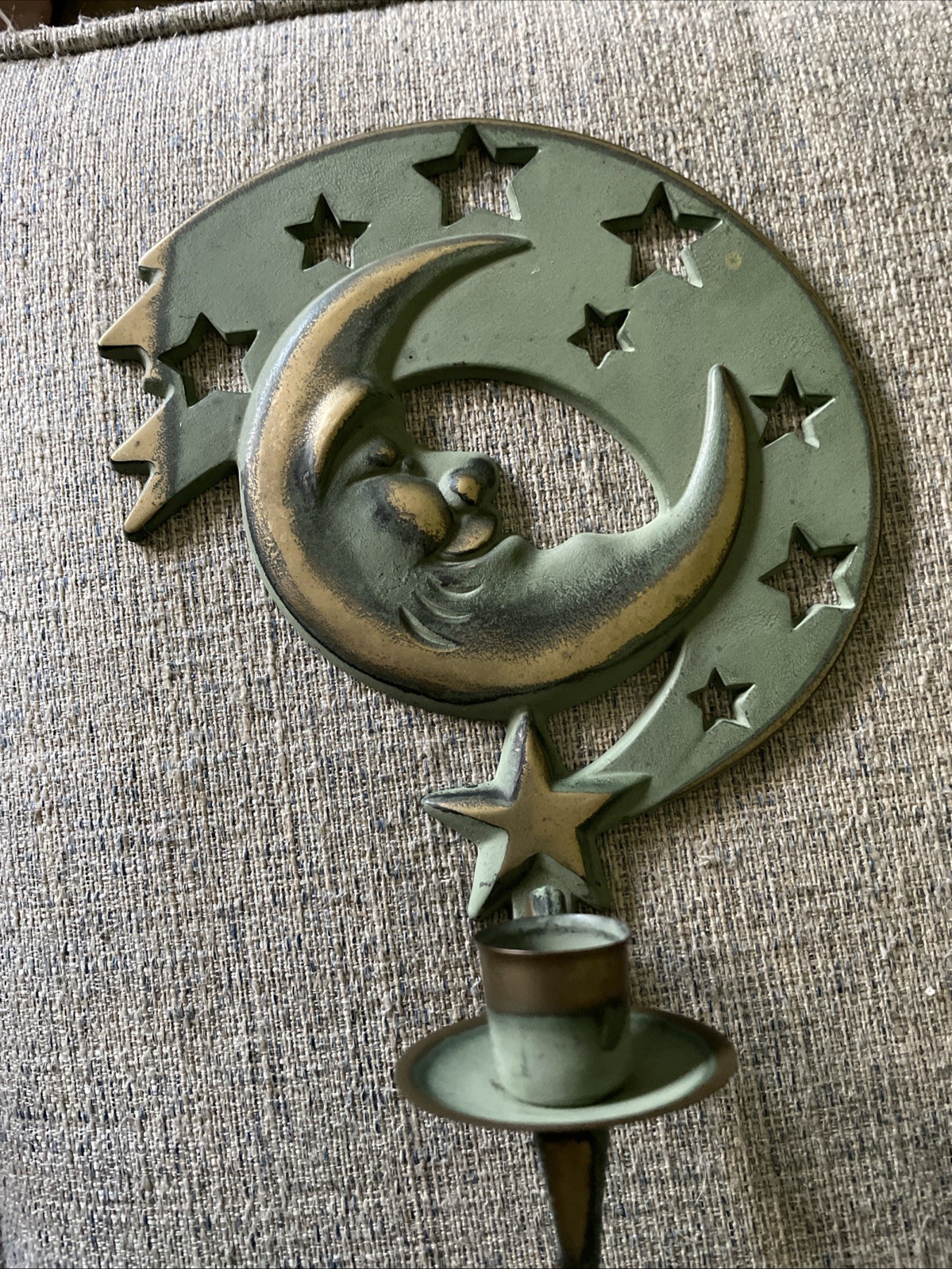 Partylite 1994 Brass Celestial Moon Face and Stars Wall Candle Holder Sconce.