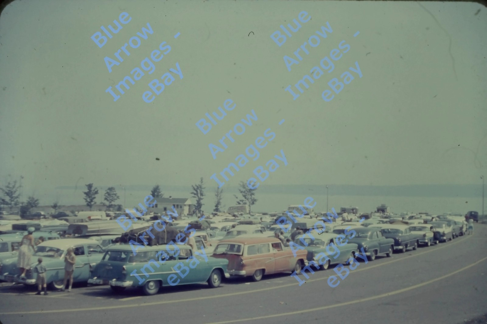 1950s 35mm Slide Cars Lined Up For Mackinac Ferry Boarding Michigan #12593