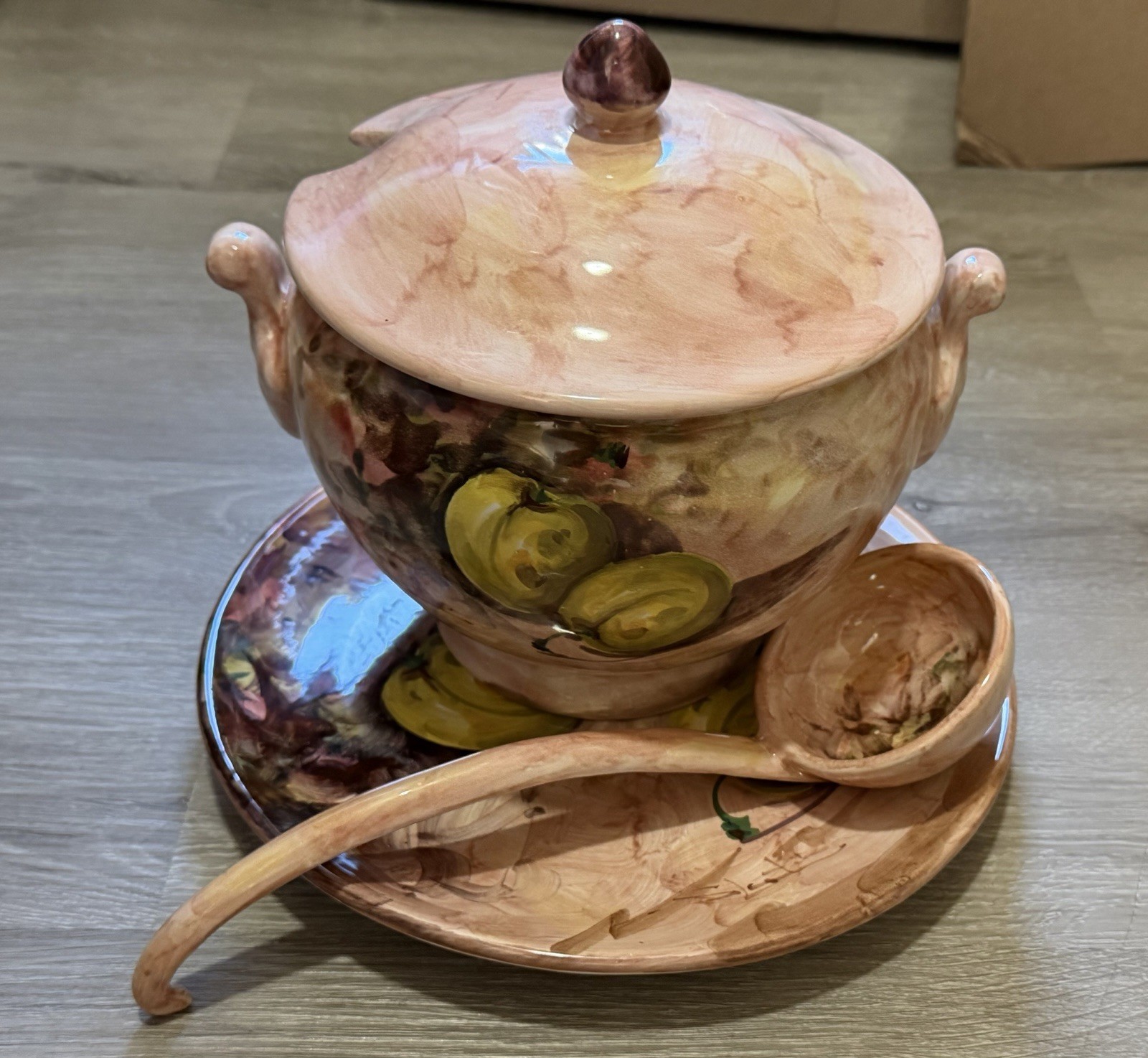 MINT Vintage PV Italy Ceramic Soup Tureen Set Ladle Platter Plum Majolica Signed