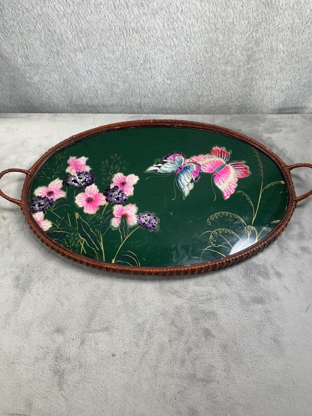 Vintage Wicker Glass Pressed Flower Butterfly Oval Tray