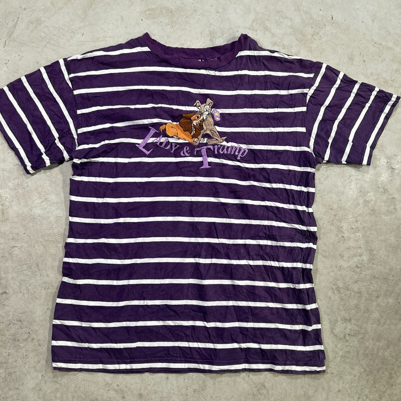 Vintage Disney Store Lady And Tramp Stripes Embroidered T-shirt Sz Large Purple