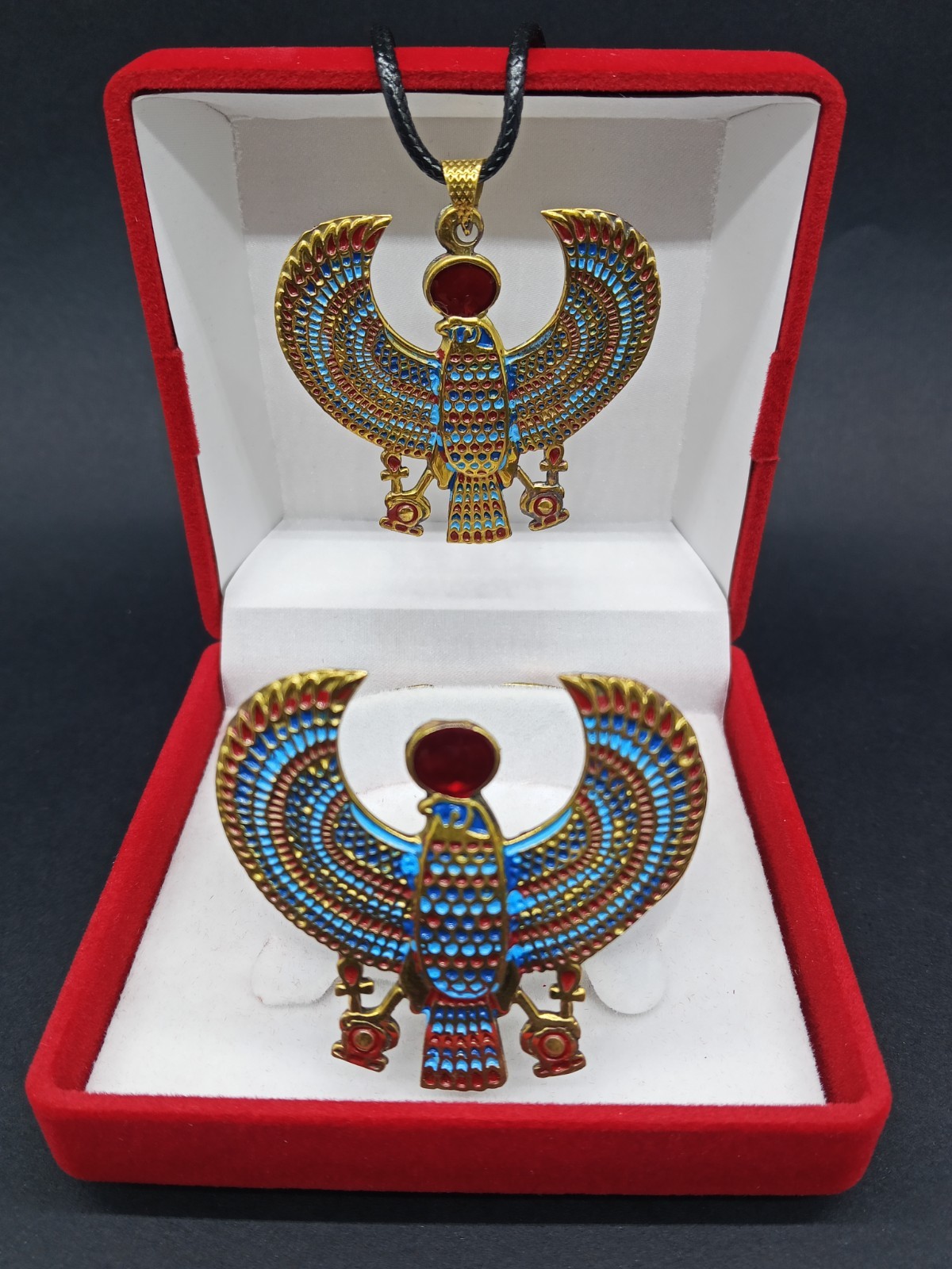 Horus Falcon Egyptian Jewelry Set Necklace Bracelet Pharaonic Red Stone Copper
