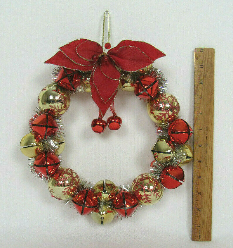 VTG 1960s 70s GOLD & RED  METAL JINGLE BELLS CHRISTMAS WREATH 10 1/2
