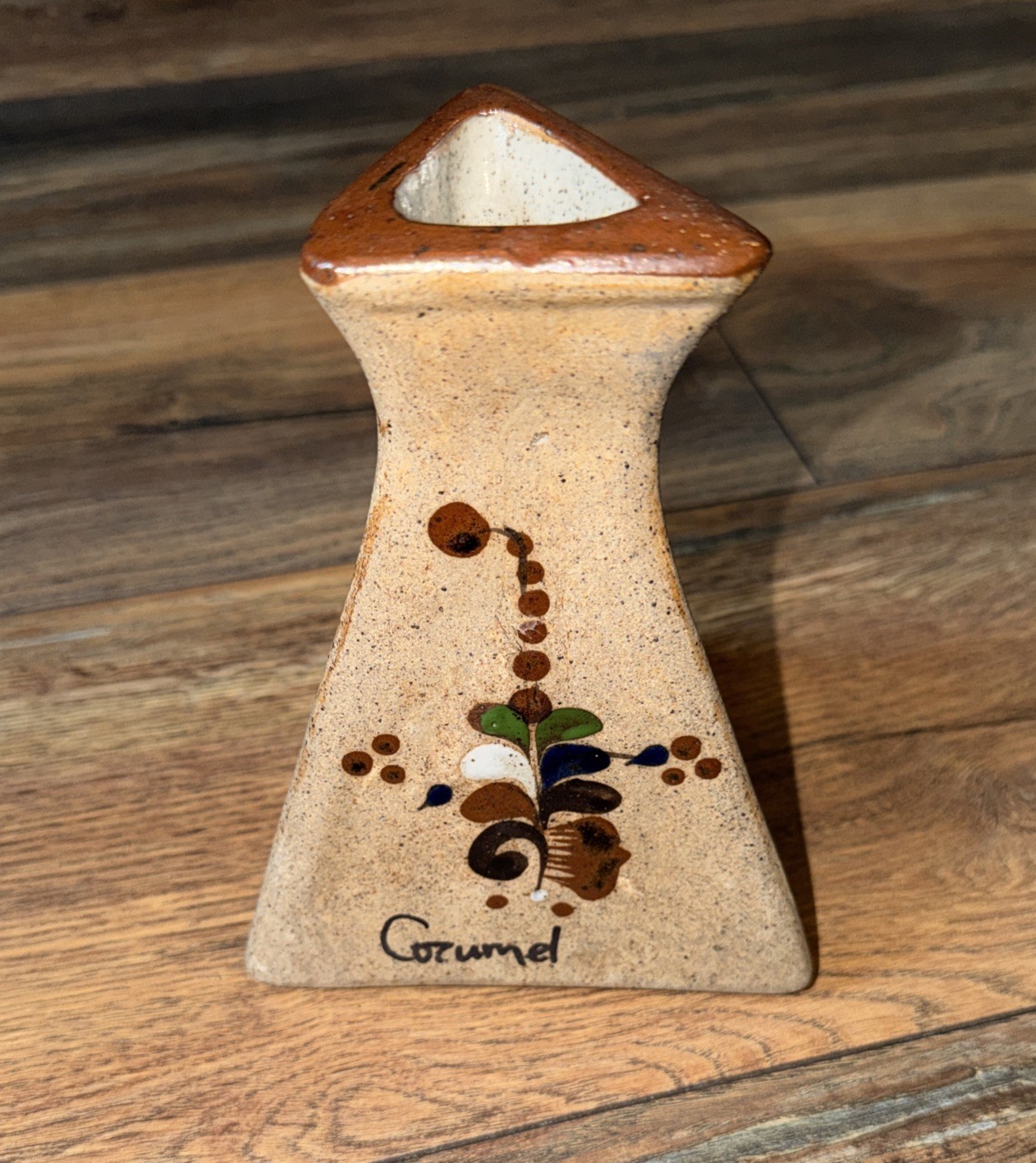 Vtg Cozumel Mexican Pottery Vase Hand Painted Ceramic Triangle Tonala Stoneware