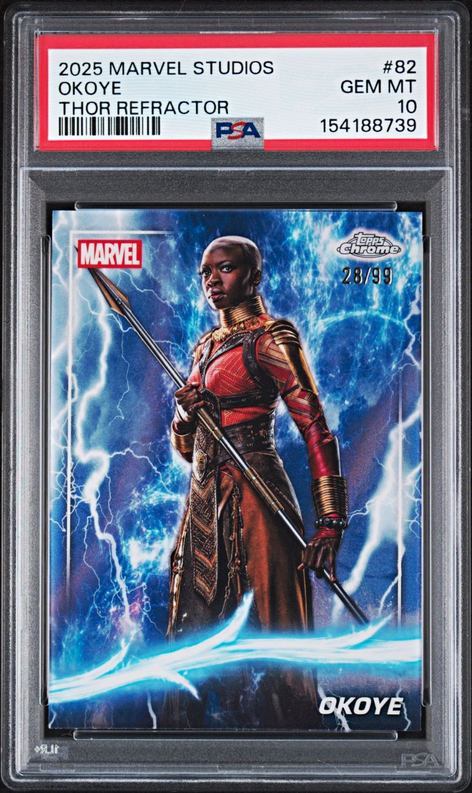 Topps 2025 Marvel Studios Okoye #82 Thor Refractor 28/99 PSA 10