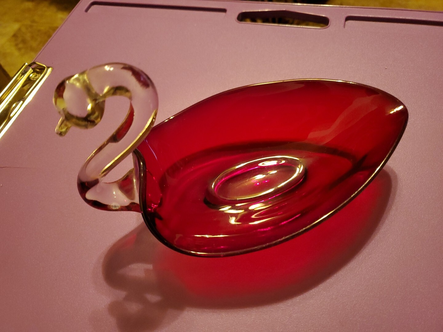 Duncan & Miller Swan Clear Glass Neck Ruby Red Candy Dish 8\