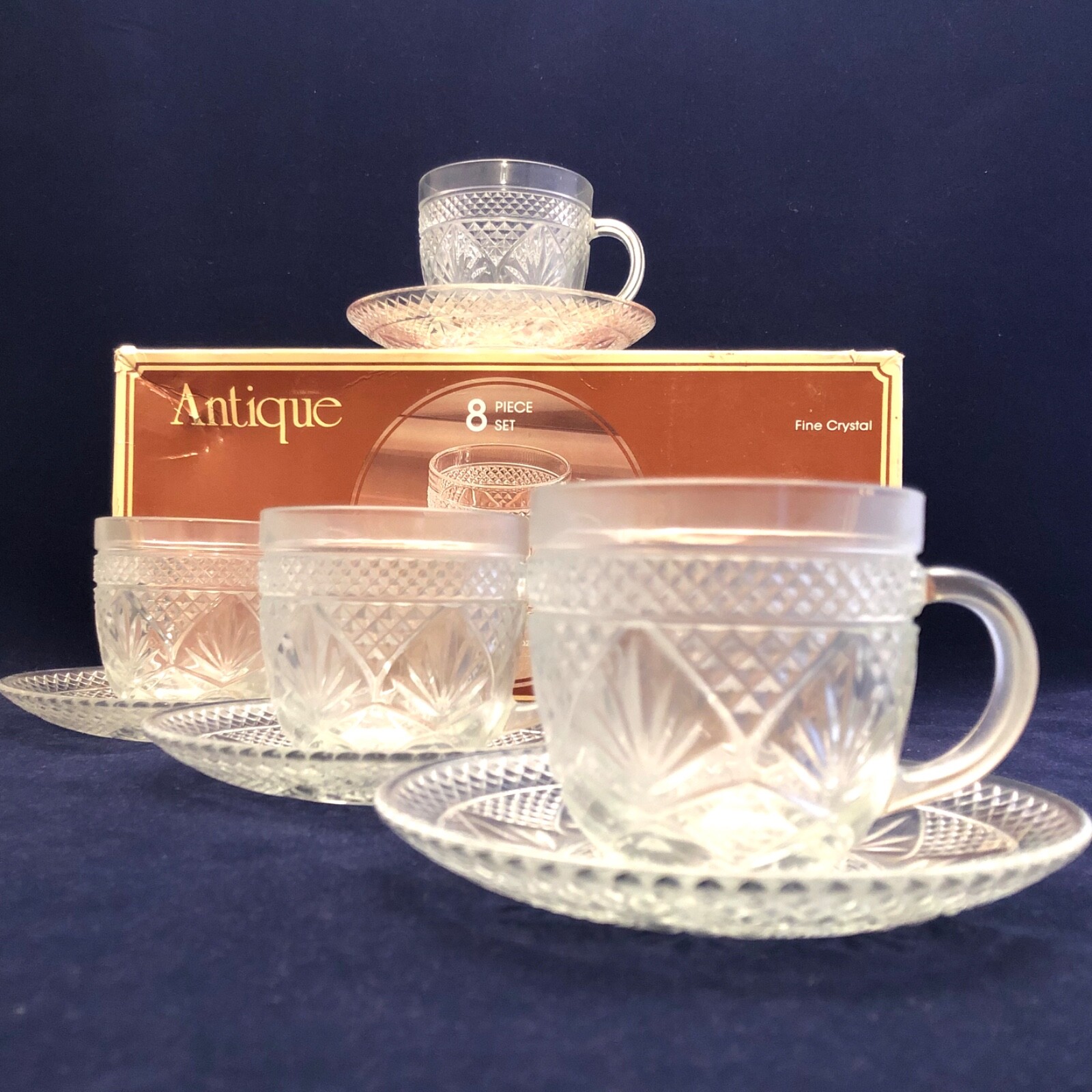 Durand Glass Luminarc 8 Piece Set Antique Fine Crystal Cups & Saucers c1970s USA