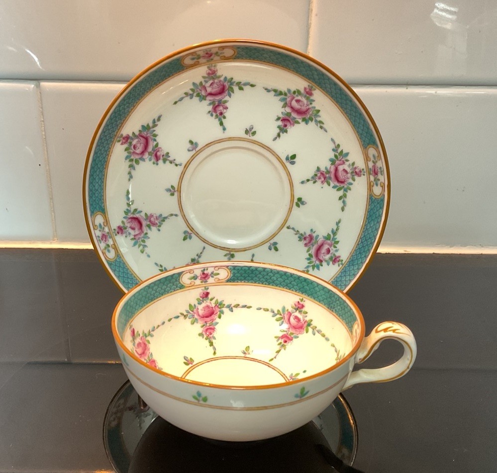 Antique MINTON England Turquoise Blue PERSIAN ROSE Set Cup & Saucer Pat #579755