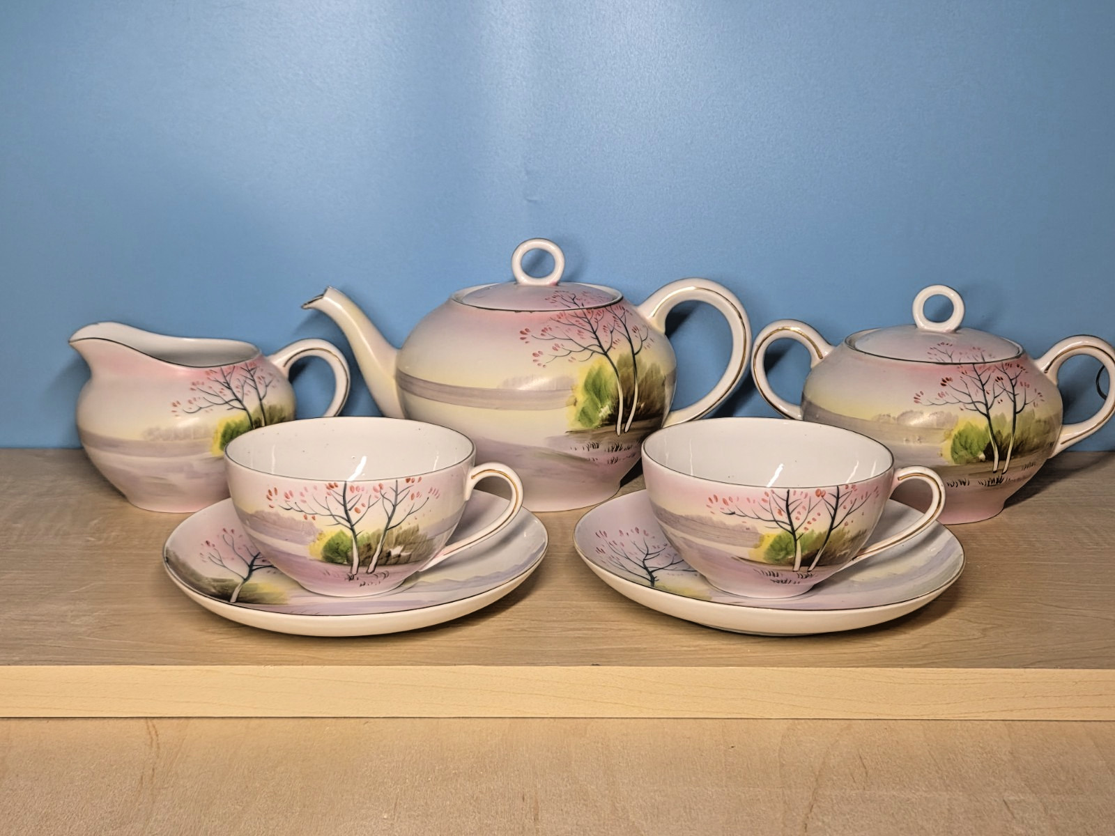 Antique Meito Japan Hand Painted Tea Set, 7 Piece Mid-century Cherry Blossom