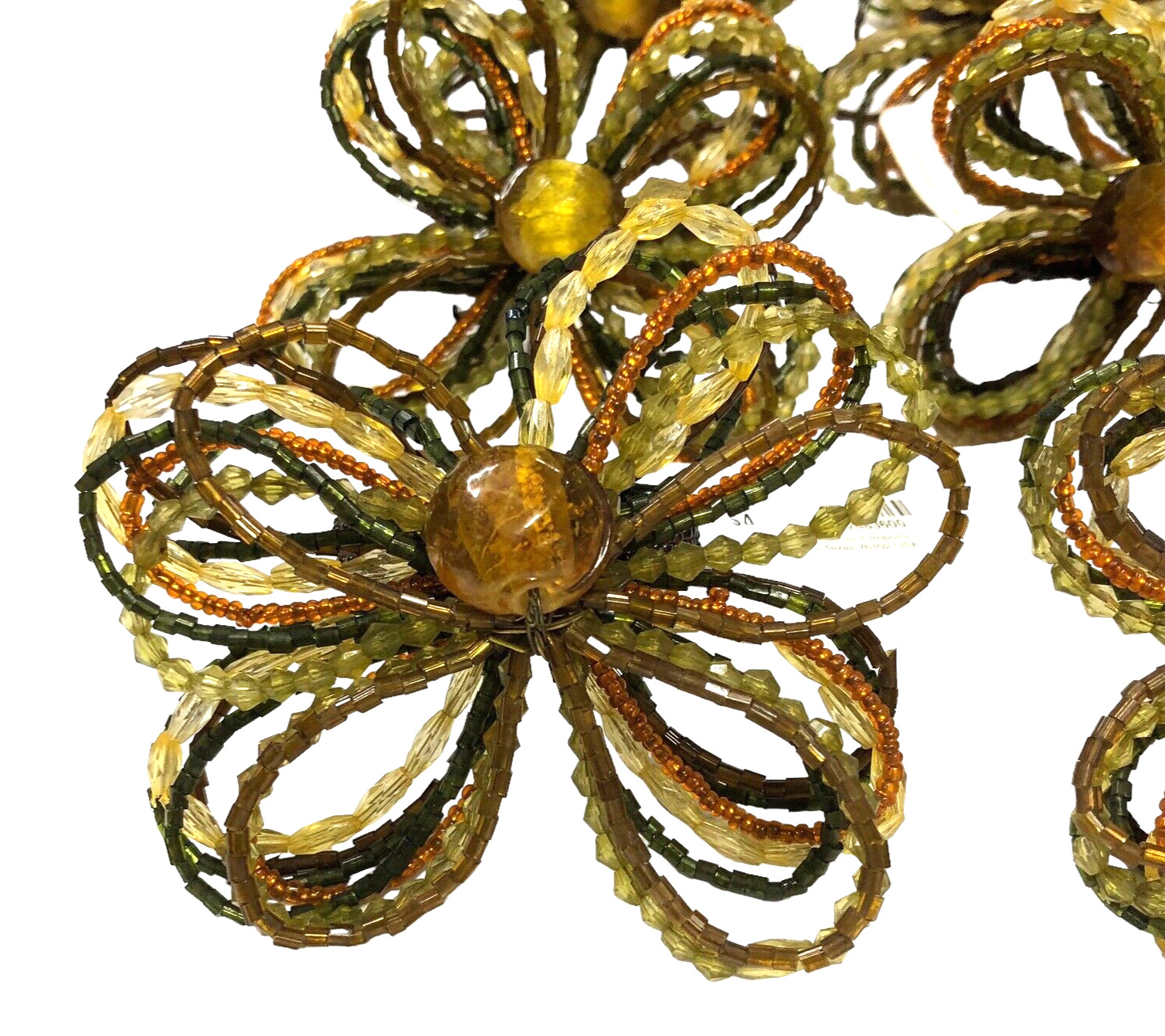 Ikea Colorful Beaded Napkin Rings Set of 8 Green Bronze Gold Flower Shape NWT