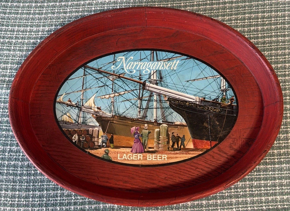 Vintage Narragansett Lager Beer Faux Wood Plastic Tray 12x16 Clipper Ship Rare