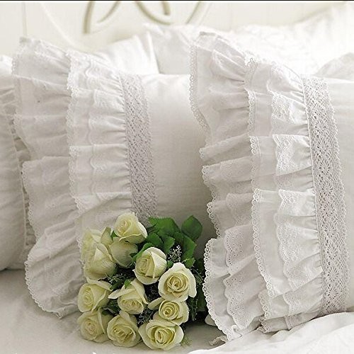 Shabby Vintage White Embroidery Lace & Ruffle Matching Pillowcase Pillow Sham Shabby Vintage White Embroidery Lace & Ruffle Matching Pillowcase Pillow Sham