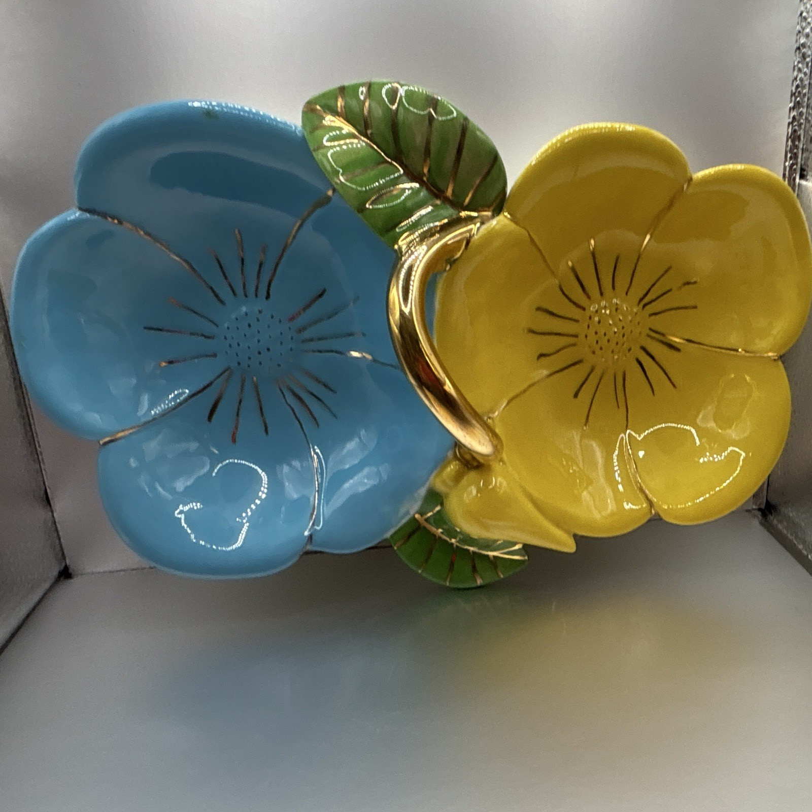vintage floral ceramic divided serving dish blue yellow gold 1959