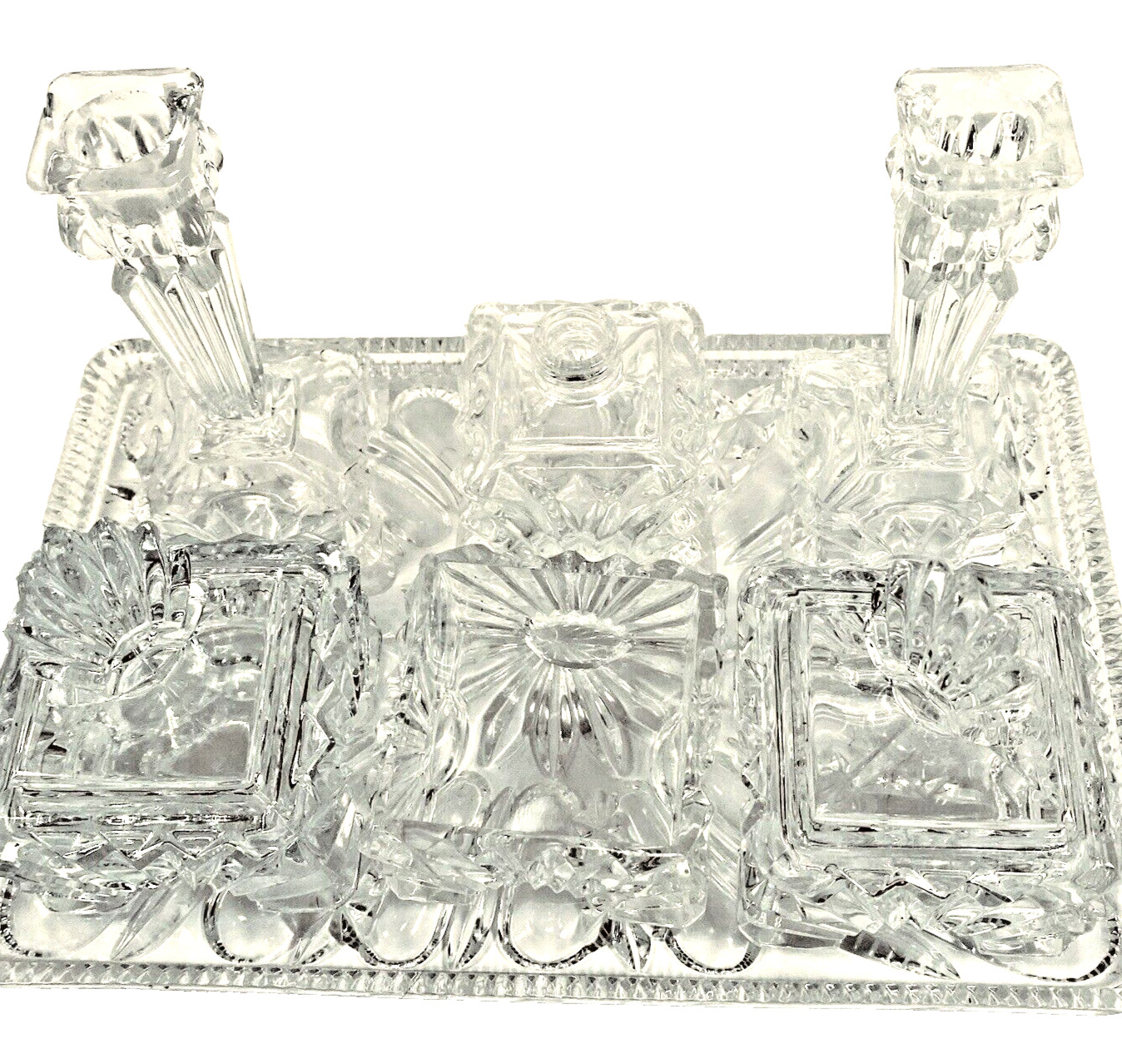 VTG Buder Clear Crystal Glass 7 Pce Vanity Set Art Deco Tray Pots Perfume Bottle