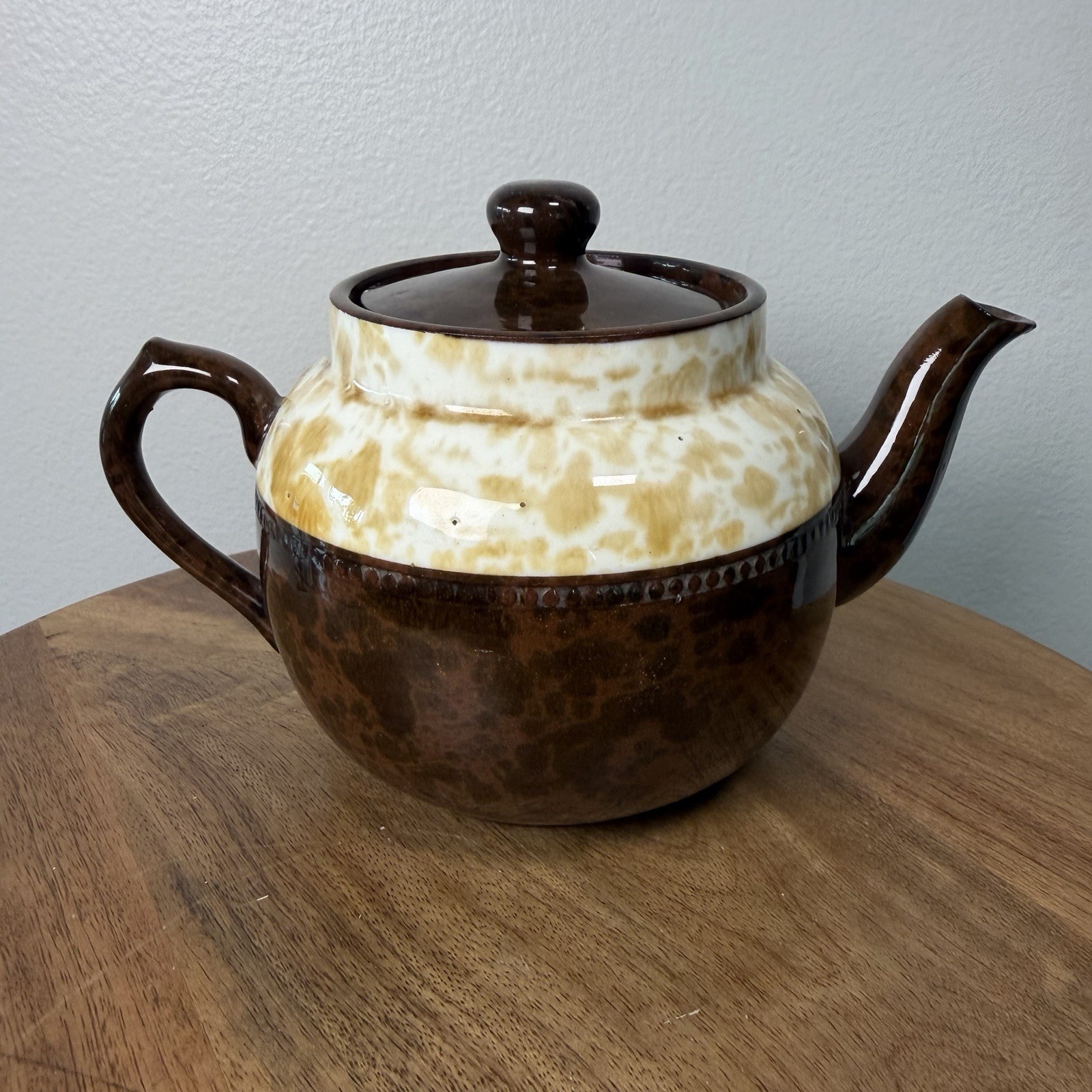 Vintage Brown Cream Glazed Ceramic Teapot Made in England Mottled Mid Century