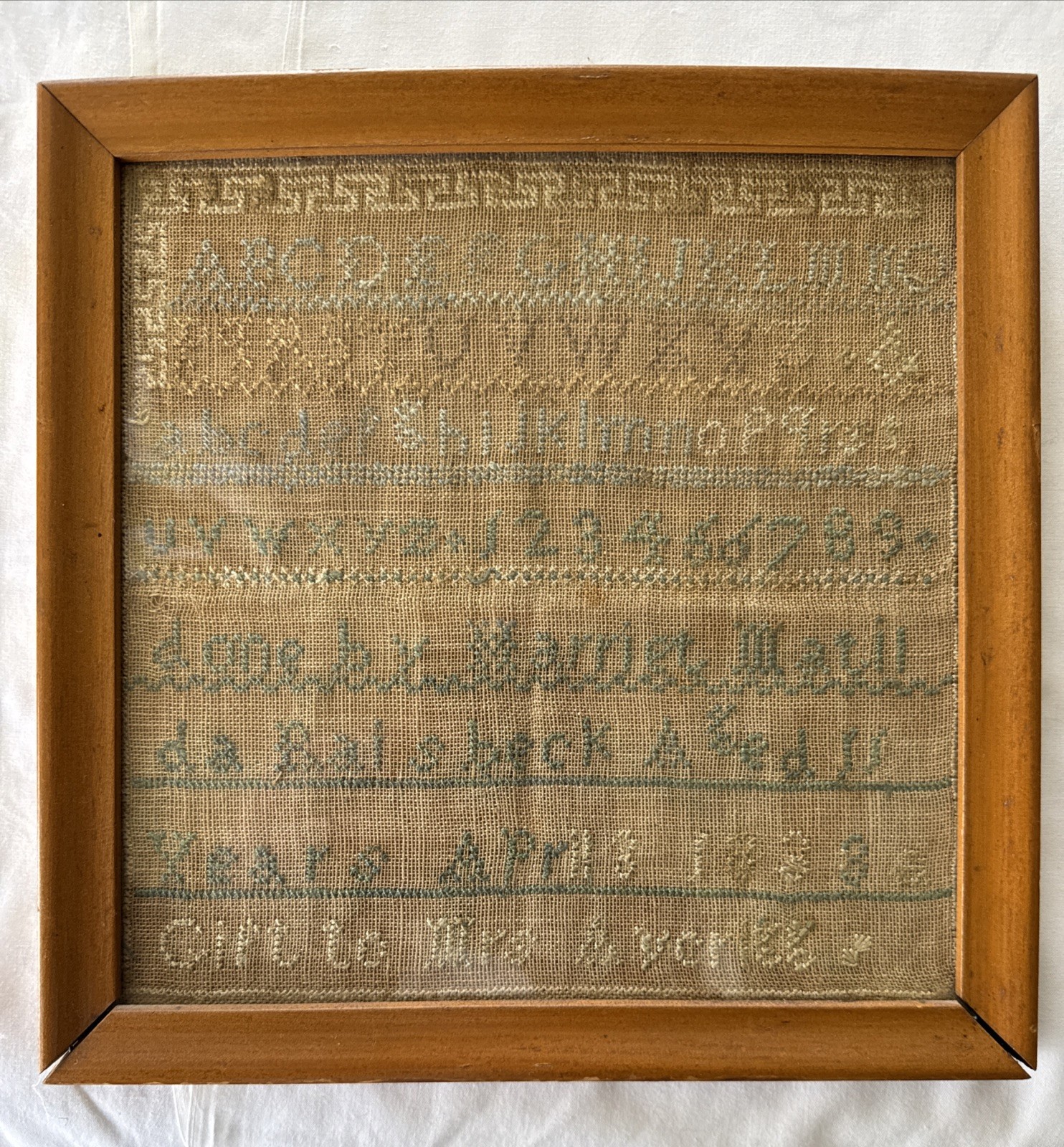 ANTIQUE 1838 MARRIET MATIL ALPHABET EMBROIDERY NEEDLEWORK SAMPLER