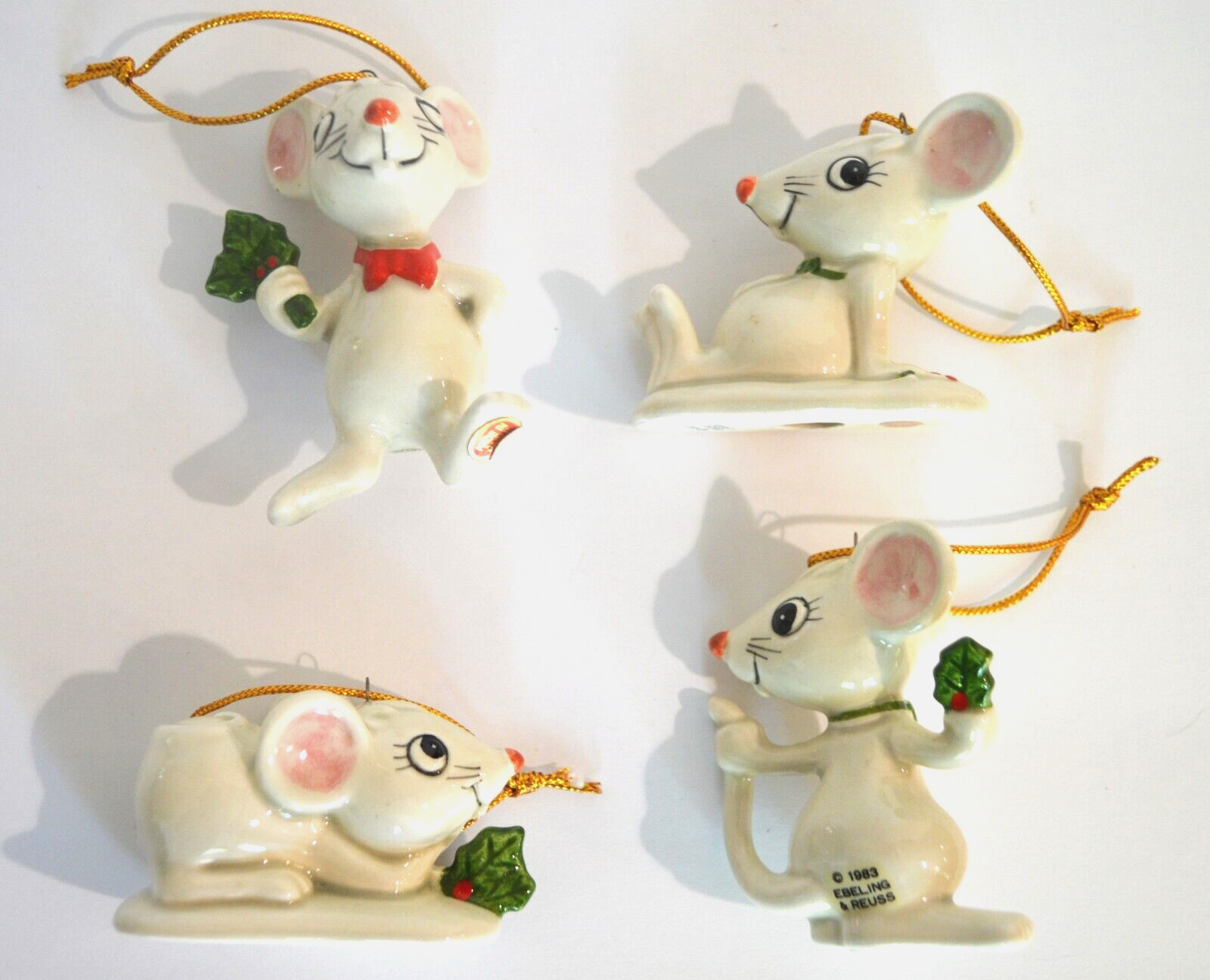 Vintage 1983 Ebeling & Reuss Ceramic White Mouse Christmas Ornament Set of 4