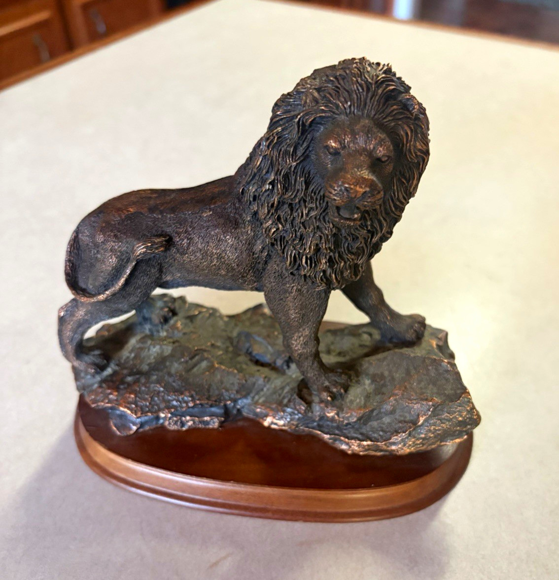 Bronze Metal African Lion Figurine on Wood Base Vintage 