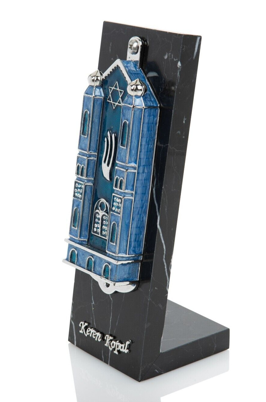 Keren Kopal Hand made Metal Lite Blue mezuzah Decorated with Austrian Crystals
