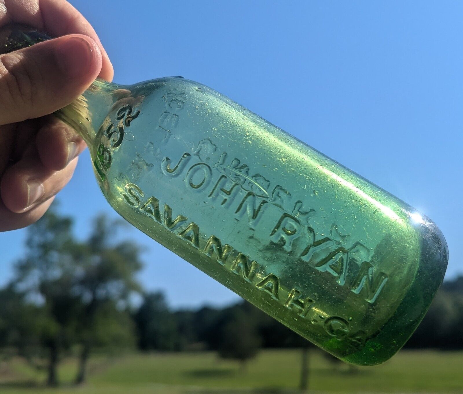 John Ryan 1852 Savannah, GA Ginger Ale Bottle Citron Green 