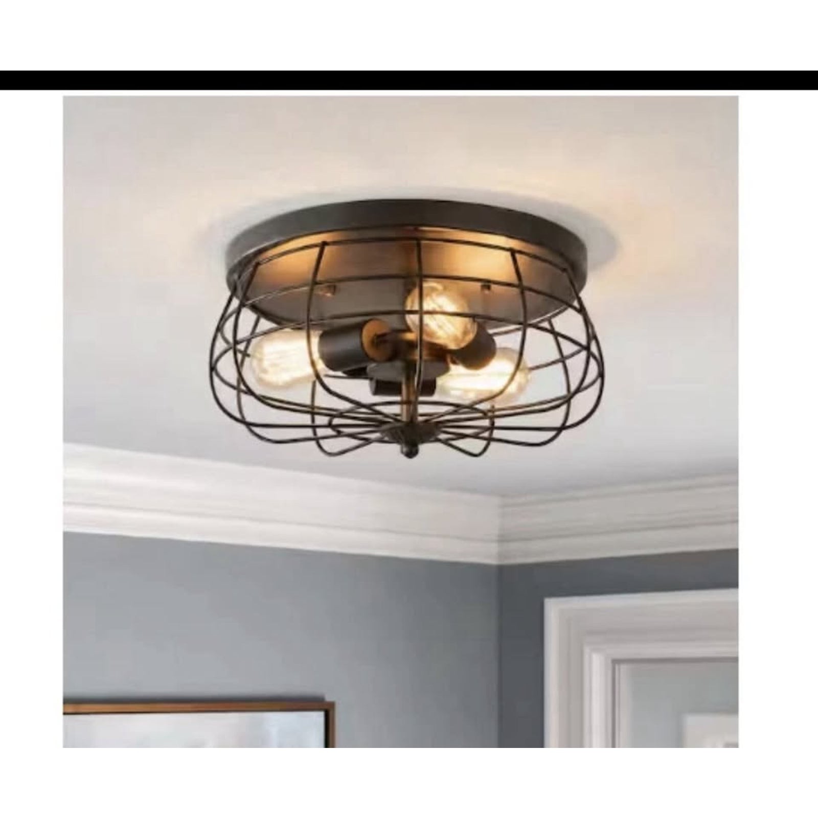 Merra 15 in. Industrial 3-Light Oil Rubbed Bronze Metal Cage Flush Mount