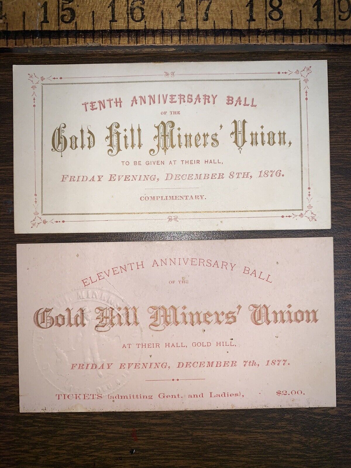 Gold Hill Miners Union Anniversary Ball Tickets 1876 1877
