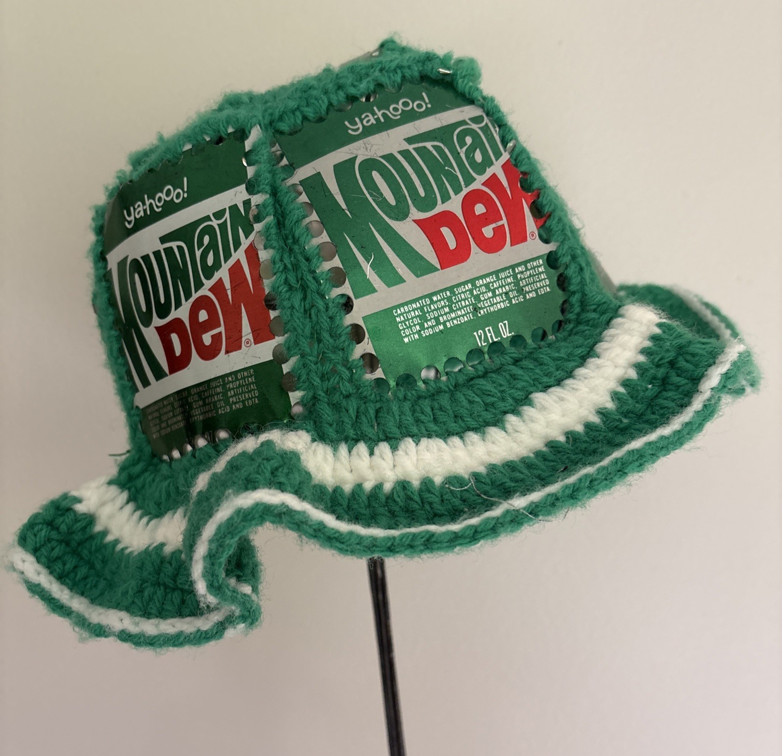 Retro 1970's Vintage Yahoo Mountain Mt Dew Soda Pop Cans Crochet Hat Yarn Green