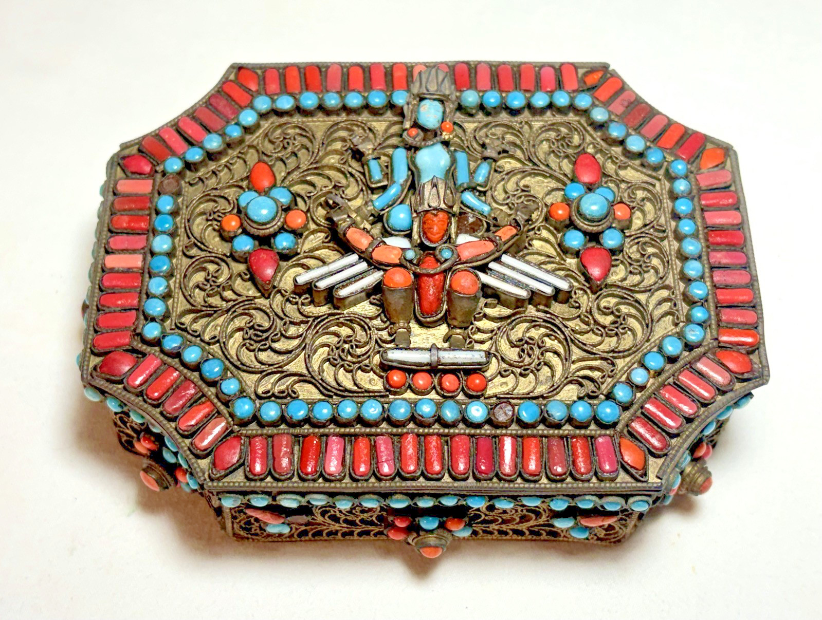 Vintage Nepal Tibet Brass Filigree Box Turquoise & Coral Stones Shiva Buddha
