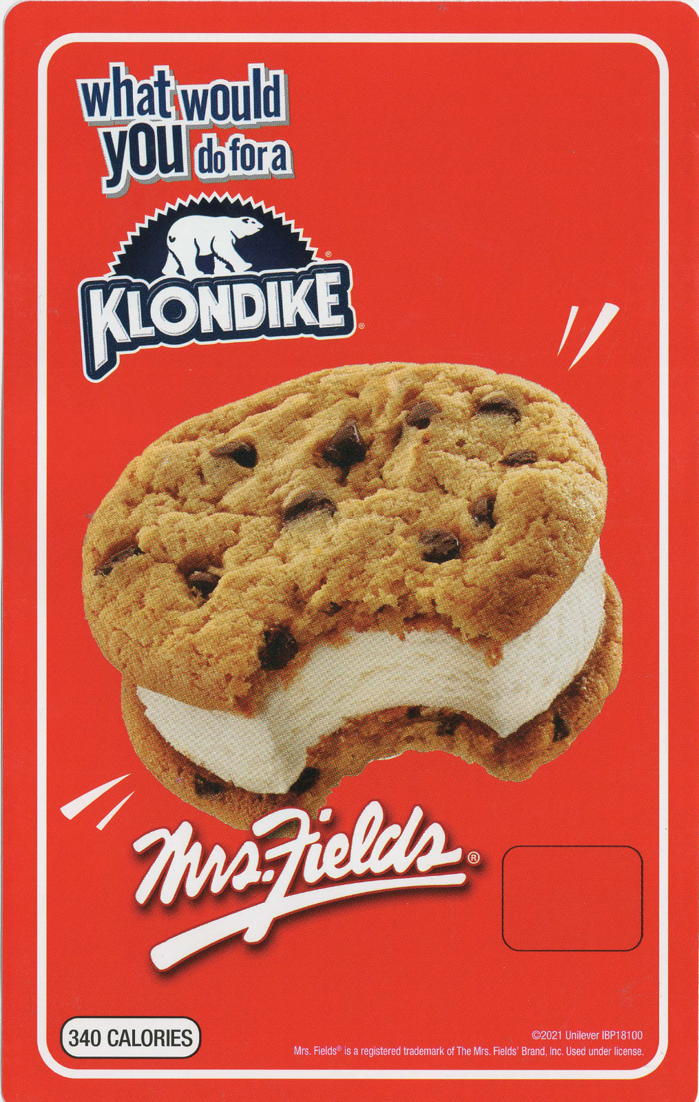 Lot of 2 Klondike Mrs. Fields Cookie Chip Sandwich Ice Cream Truck Sticker 5\
