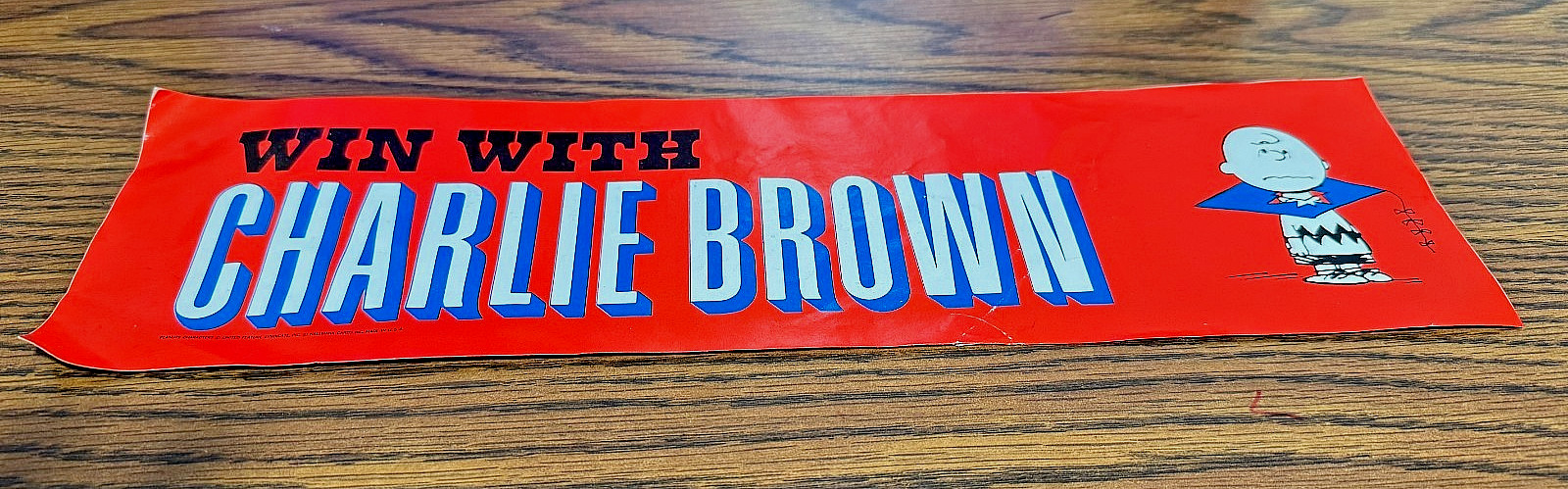 WIN WITH CHARLIE BROWN Election Bumper Sticker 1960 1970 Vintage Hallmark Snoopy