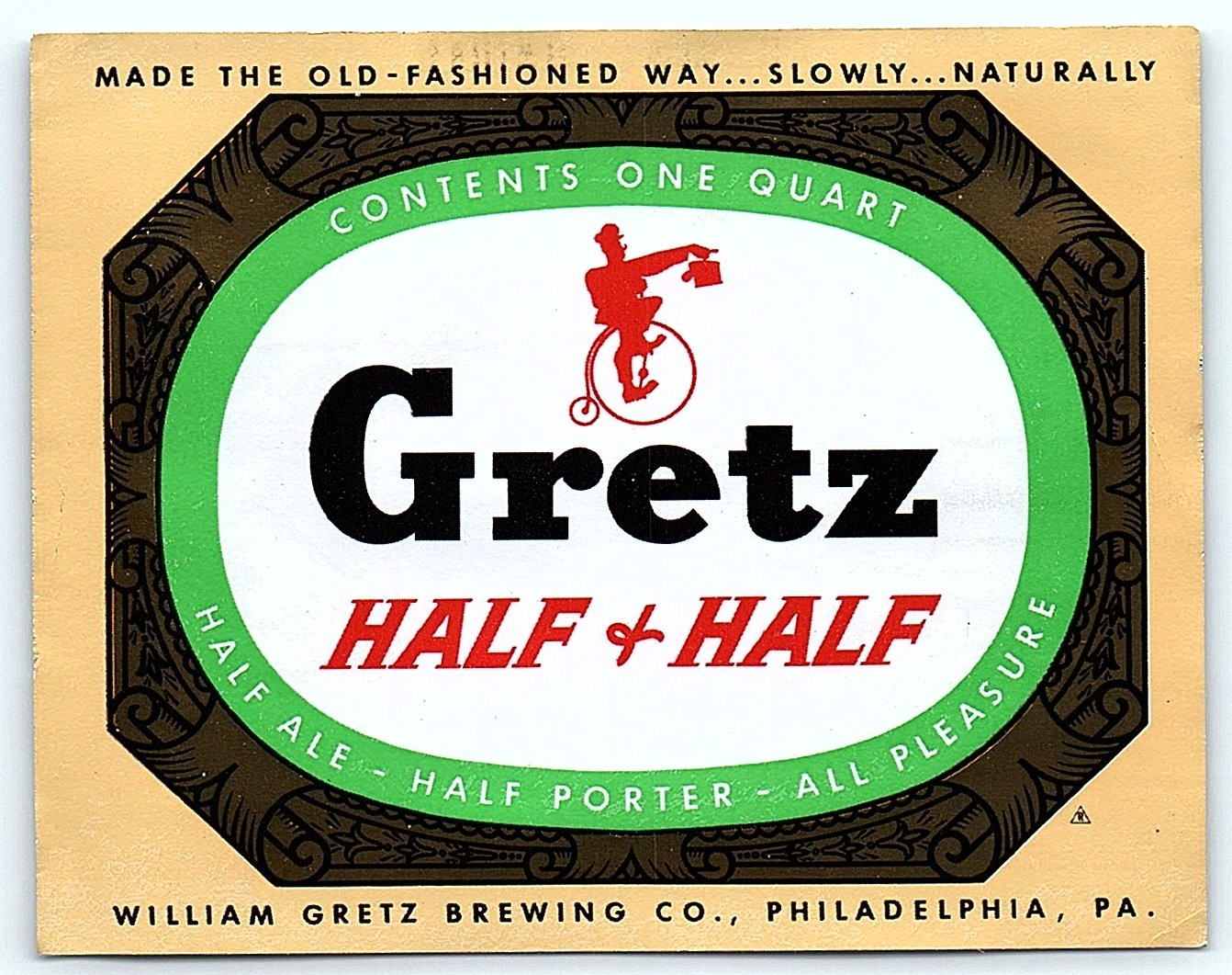 Vintage Gretz Half & Half Quart Beer Label, Philadelphia