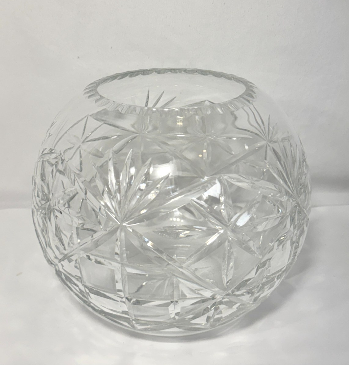 Vintage Hand Cut Lead Crystal Rose Bowl Vase Starburst Floral Cut Glass