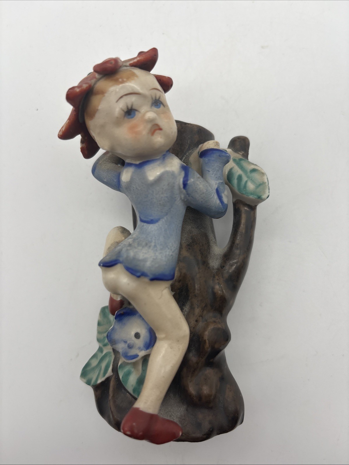 Vtg Occupied Japan Ceramic Spill Vase Boy Climbing Tree Stump Blossom Hat READ
