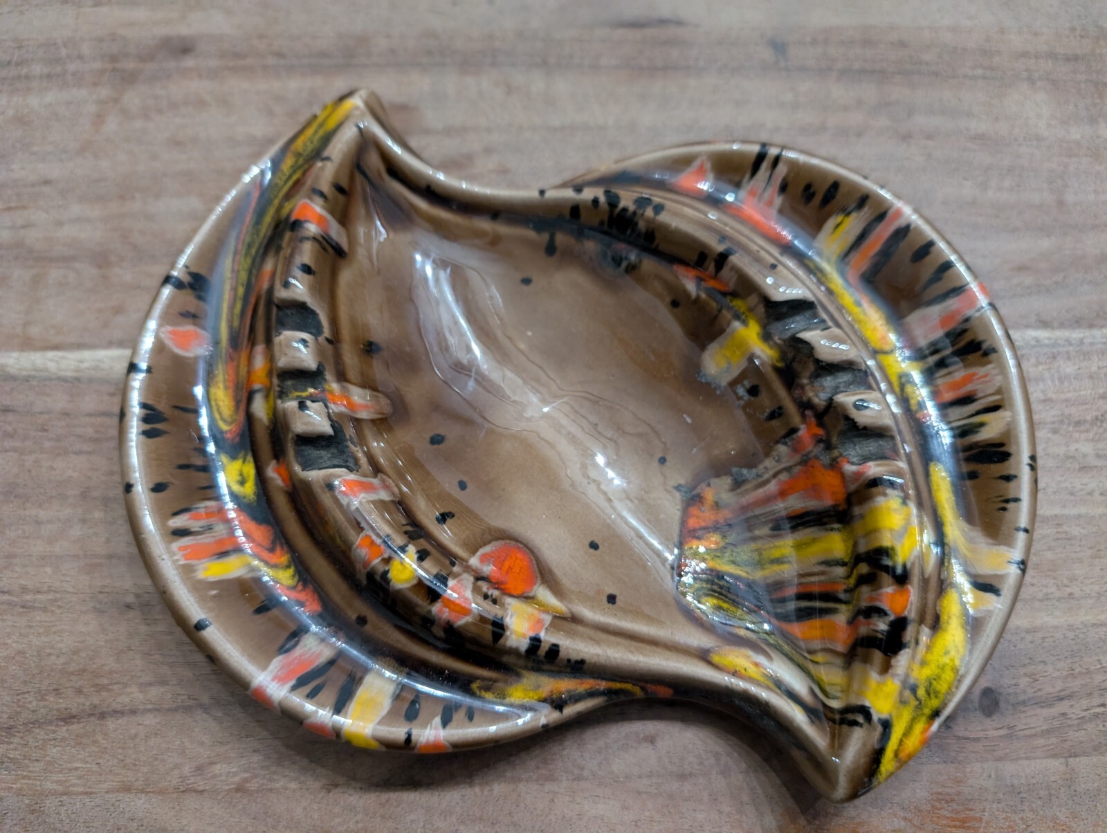 Vintage Signed Studio Pottery Ashtray MCM Drip Glaze 1970s Brown Orange
