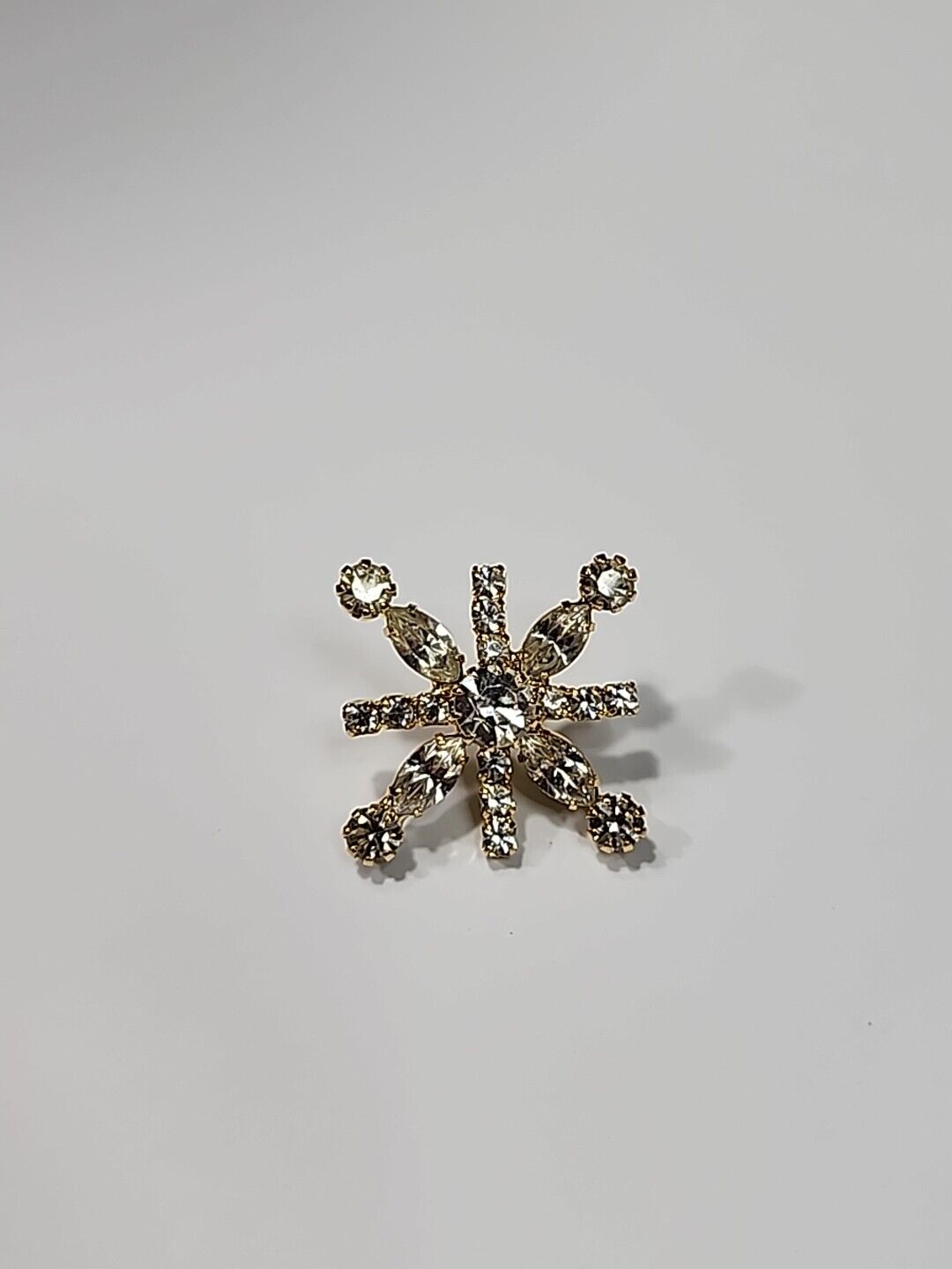 Snowflake Brooch Pin Clear Faceted Faux Gems in Gold Color Setting Sparkly
