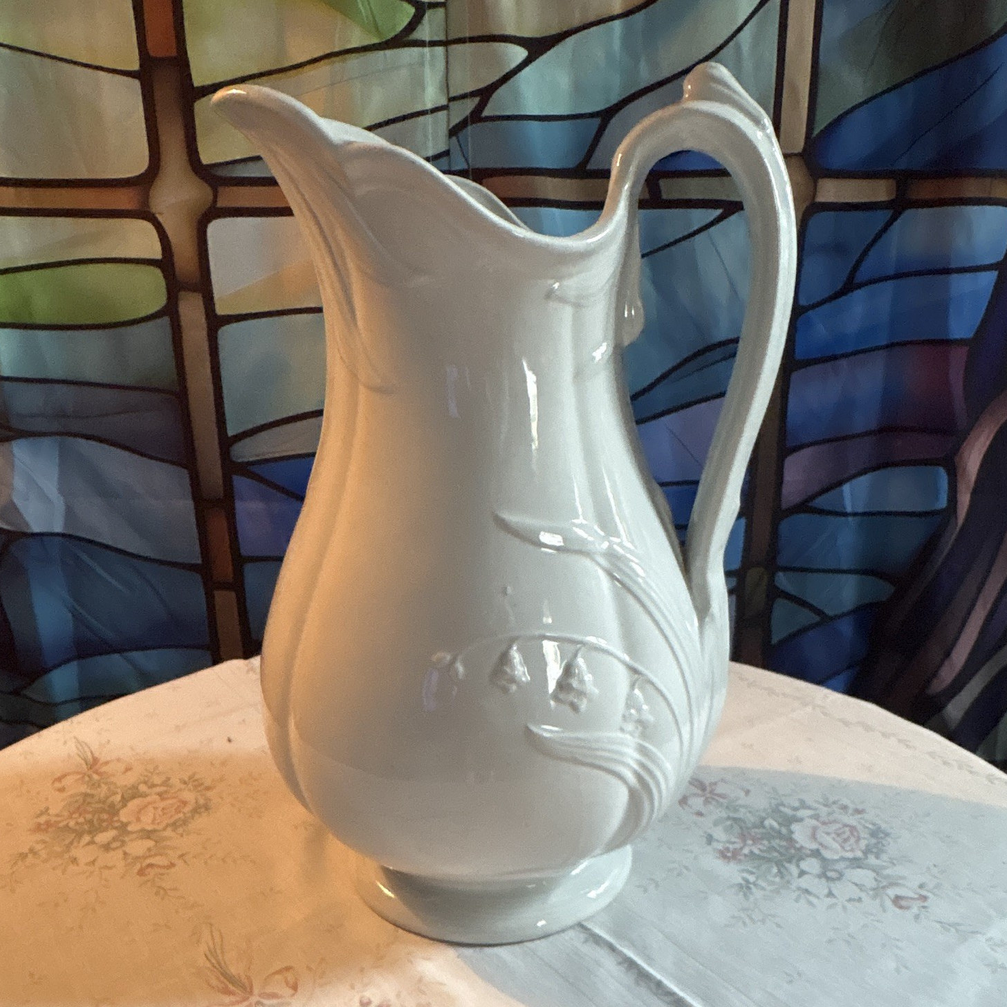 Antique W. B. & Co. Pearl China Ironstone 1800s White Lily Of The Valley Pitcher Antique W. B. & Co. Pearl China Ironstone 1800s White Lily Of The Valley Pitcher