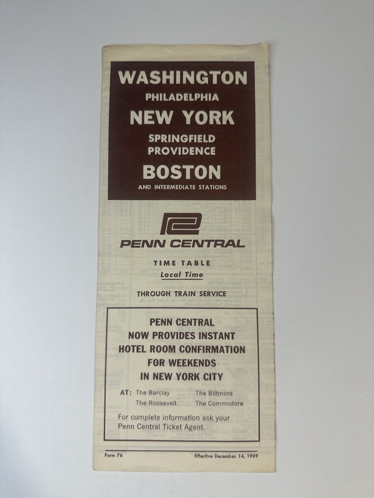 Vintage 1969 Penn Central Railroad Form 76 Timetable Washington Boston MINT