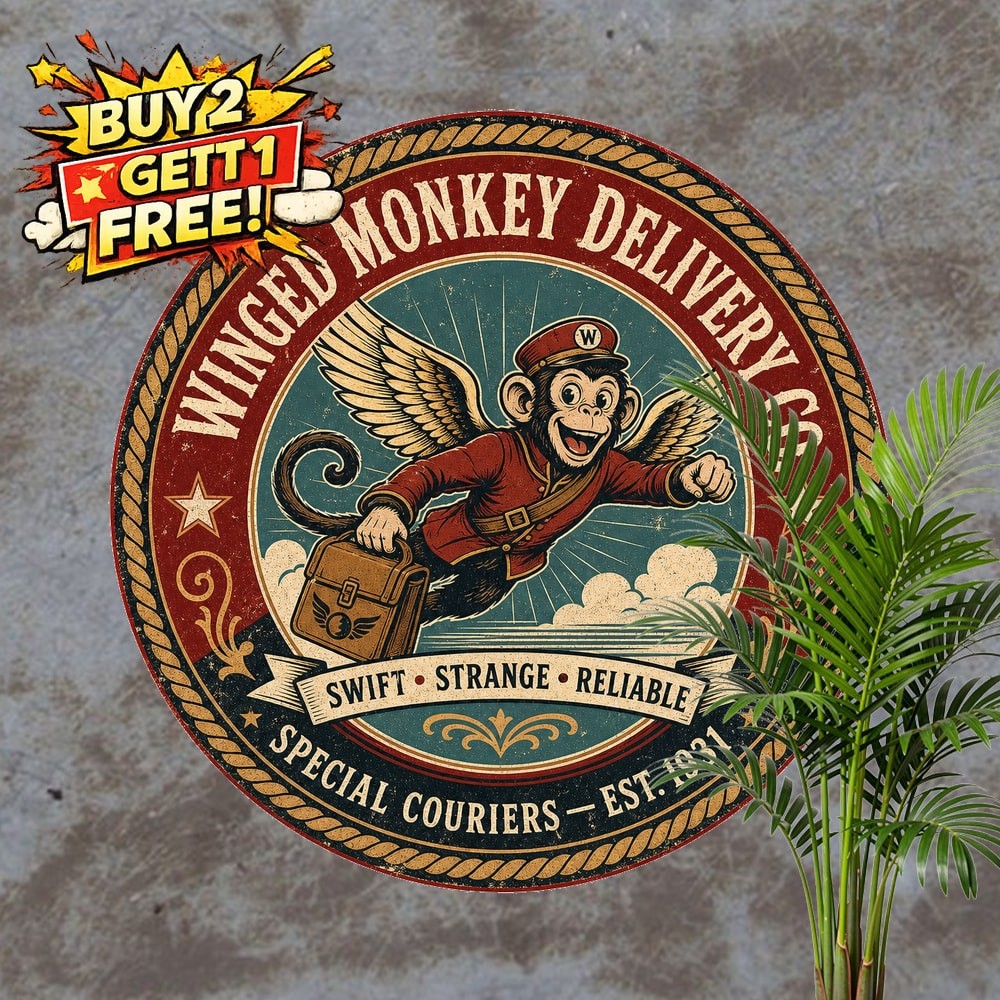 Flying Monkey Delivery Round Metal Sign Vintage Fantasy Wall Decor Plaque 8x8