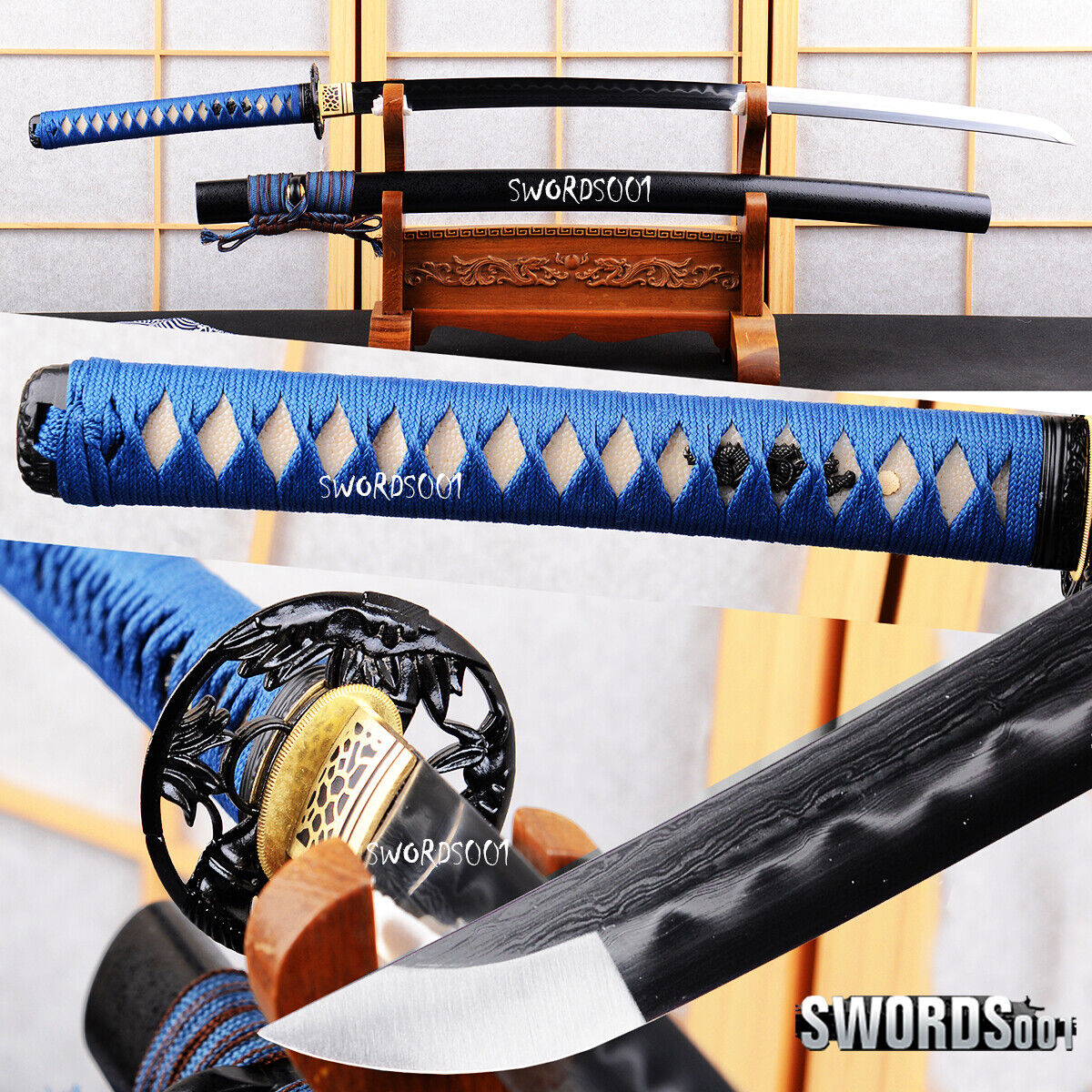 elegant blue clay tempered Japanese samurai katana sword damascus folded steel 