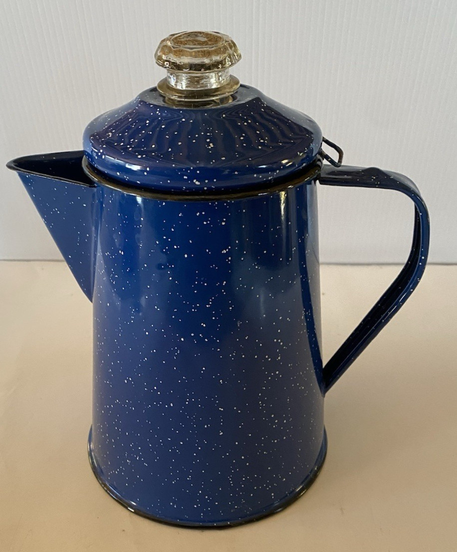 Vintage Large Speckled Graniteware Enamelware Cowboy Coffee Pot Campfire VGC