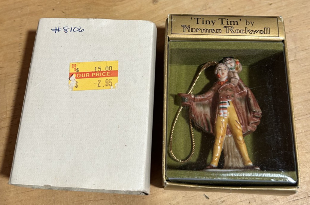 Pair of Norman Rockwell Ornaments Tiny Tim and Santa Plans his Visit